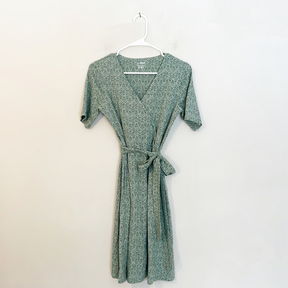 LL Bean Green Cotton Casual Tie Pockets v neck dress women size XS